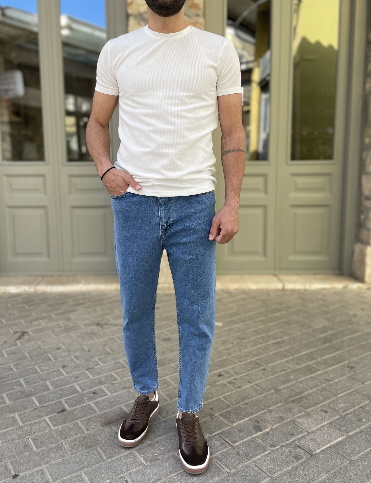 Ανδρικό μπλε Loose τζιν ελαστικό πεντάτσεπο με φερμουάρ 8961 φωτογραφία